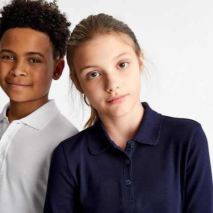 French Toast Girls' Long Sleeve Polo with Picot Collar, Navy, 3T