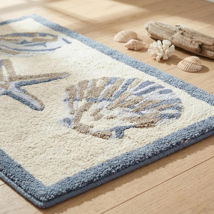 Madison Park Bayside 100% Cotton Tufted Non-Slip Absorbent Ultra Soft Seashells Beach Style Bath Mat Bathroom Rugs, 21X34 Inches Blue