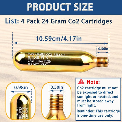 4 Pack 24g 1/2" CO2 Reset Cylinder Replacement Thread CO2 Cartridges for Inflatable Jackets, Life Jackets, Personal Flotation Belt, Accessories