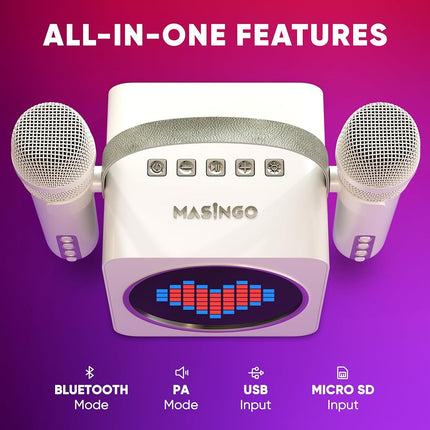 MASINGO Portable Mini Karaoke Machine for Kids and Adults with Dual Wireless Bluetooth Microphones, Animated LED Display, USB/Aux/MicroSD, Voice Effects, Fun Karaoke Toy for Girls and Boys, Animato S1