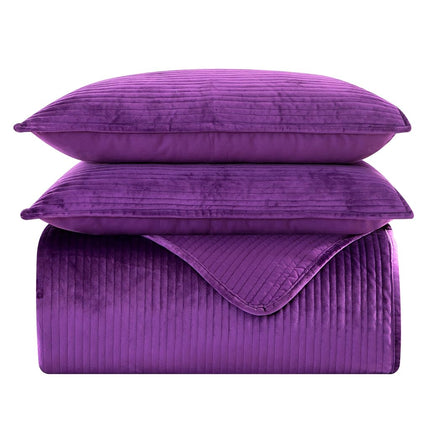 Elegant Comfort Luxury 3-Piece Velvet Corduroy Stripe Quilt Set, Ultra Soft Bedspread - Cozy Velvet Coverlet Set - 3PC Medium Weight Quilted Set with Matching Pillow Shams, Full, Purple