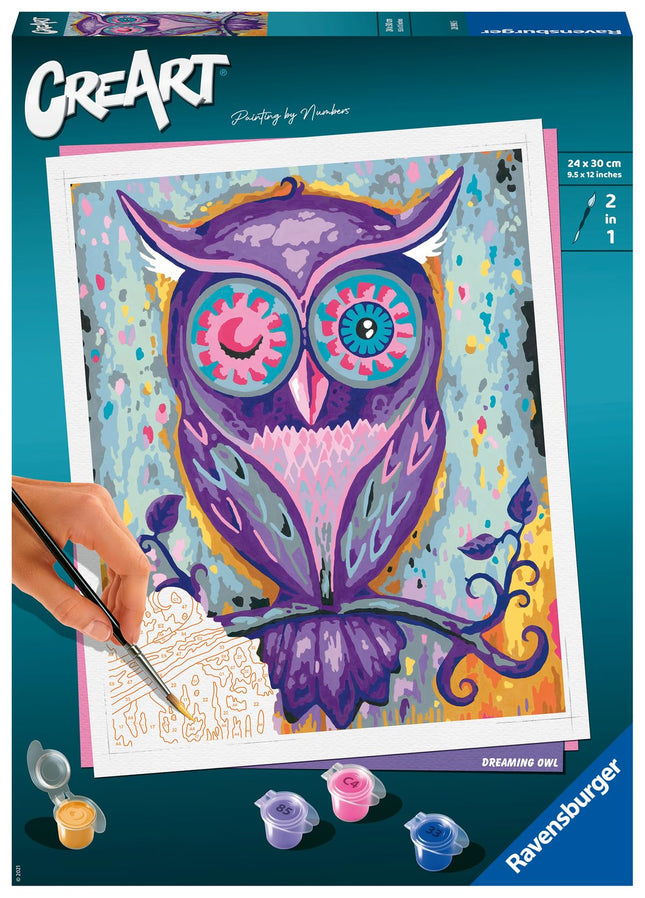 Ravensburger CreArt Large Format 24 x 30 cm – Dreamy Owl – Creative Hobby – Paint by Numbers – Adult – Relaxing and Creative Activity – from 12 Years – 28990 – French Version