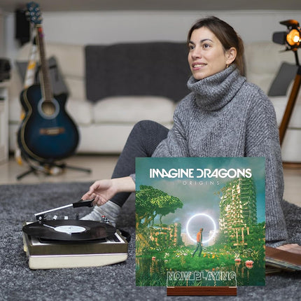 COOLGIFT MART Now Playing Vinyl Record Stand, Light up Record Holder, Wooden Acrylic Display with Warm White Lights for Albums, Room Decor, Perfect Gift for Vinyl Lovers