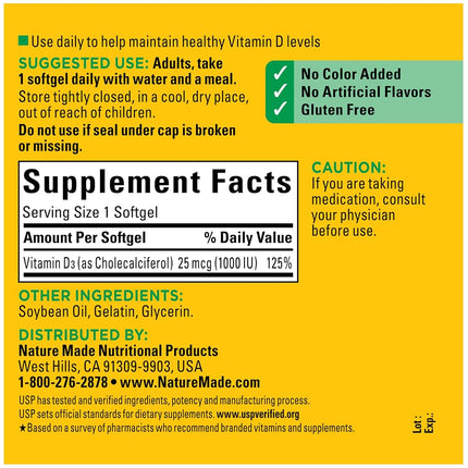 Nature Made Vitamin D3 1000 IU, 300-Count Liquid Softgels