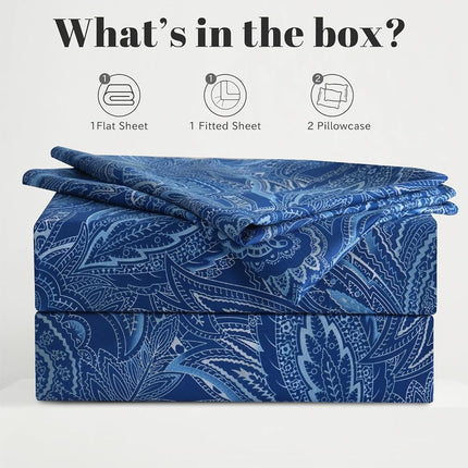 Bedlifes Full Size Sheets Paisley Sheets Ultra Soft Patterned Printed Sheet Set Deep Pocket Flat Sheet& Fitted Sheet& Pillowcases 100% Microfiber 4 Piece Full Size Paisley Dark Navy Blue