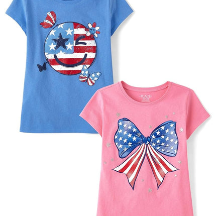 The Children's Place Girls All Holidays Short Sleeve Graphic T-Shirts,multipacks, American Bow/Smiley Face 2-Pack, XX-Large
