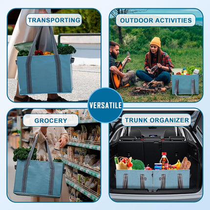 VENO 2 Pack Reusable Grocery Bags, Shopping Bags for groceries, Extra Large Utility Tote with Handles and Hard Bottom, Foldable Cart Organizer, Multi-Purpose, Heavy-Duty (Light Blue, 2 Pack)