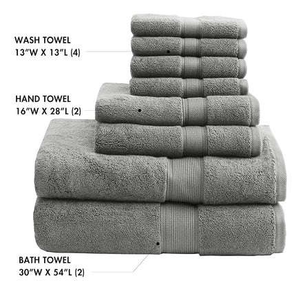 Madison Park 800GSM 100% Cotton Luxury Turkish Bathroom Towels, Highly Absorbent Long Oversized Linen Cotton Bath Towel Set, 8-Piece Include 2 Bath Towels, 2 Hand Towels & 4 Wash Towels, Grey