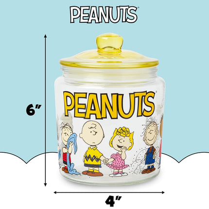 Silver Buffalo Peanuts Squad Featuring Charlie Brown, Snoopy, Schroeder, Lucy, Linus, Sally, Pigpen, Woodstock, and Franklin Glass Cookie Snack Candy Jar with Lid (Small)