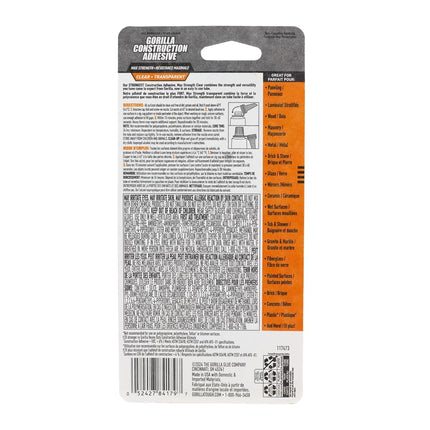 Gorilla Max Strength Clear Construction Adhesive, 2.5 Ounce Squeeze Tube, Clear, (Pack of 1)