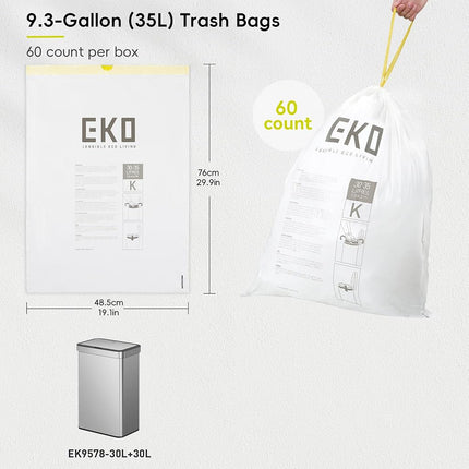 EKO 9.3 Gallon / 30–35 Liter Drawstring Trash Bags, 60 Count Heavy-Duty Tall Kitchen Garbage Can Liners, Extra-Strong Leak-Resistant, Unscented, White, Code K