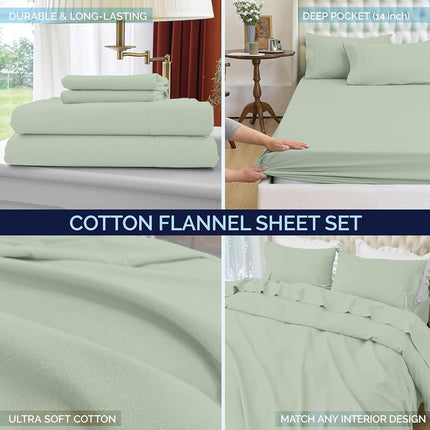 Elegant Comfort Soft 4-Piece 100% Turkish Cotton Flannel Sheet Set - Premium Quality, Deep Pocket Fitted Sheet, Ultra Soft, Cozy Warm Flannel Sheets - King, Mint Green