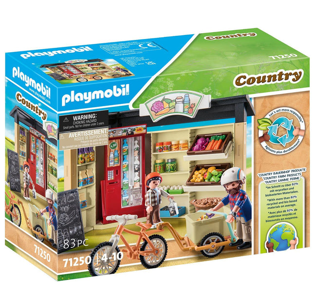 Playmobil 71250 Country farm shop, bike with trailer, organic farm food grocery shop, sustainable toy for children ages 4+