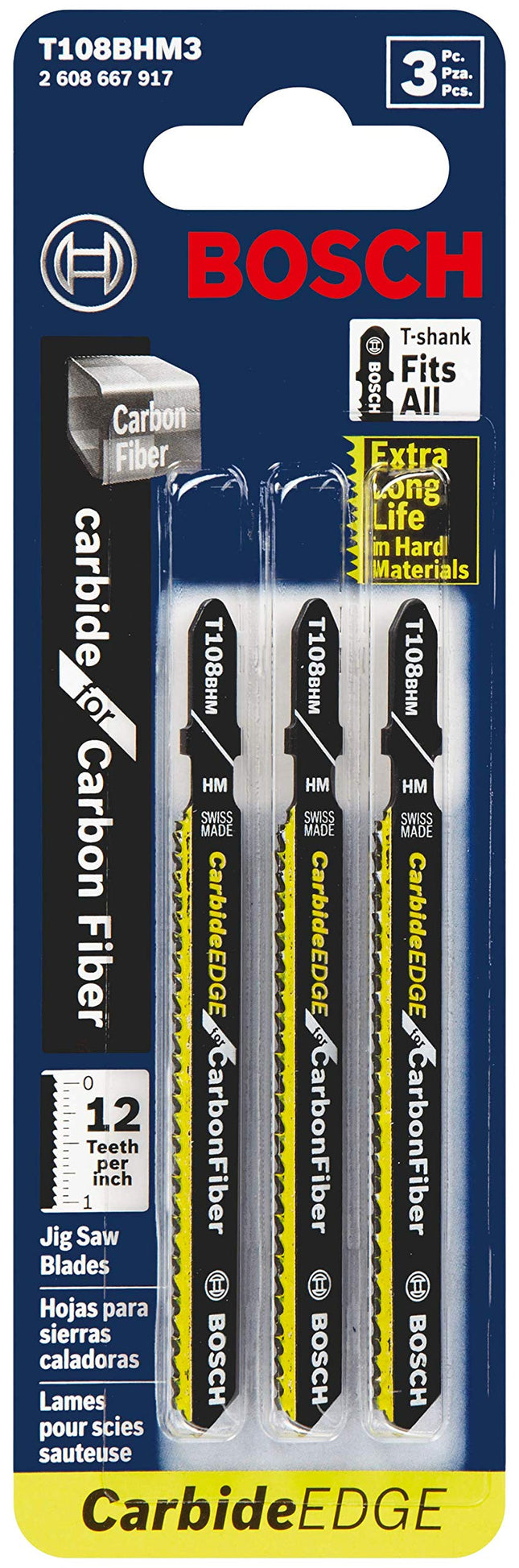 BOSCH T108BHM3 3 Pc. 3-5/8 in. 12 TPI Clean for Carbon Fiber Carbide Strip Jig Saw Blade