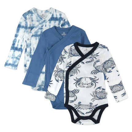 Bodys de manga larga de algodón orgánico con broches laterales de HonestyBaby (paquete de 3), cangrejos azul marino, 0-3 meses