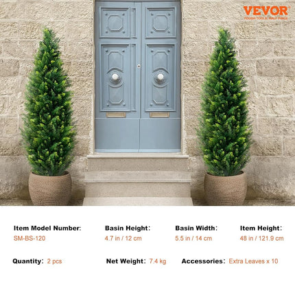 VEVOR Artificial Cedar Topiary Tree, 48 inch Tall (2 Pieces), with Extra Leaves & Pot Faux Evergreen Fake Pine Cypress Trees Plant, UV Rated Artificial Greenery Set for Home Decor Indoor/Outdoor