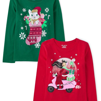 The Children's Place Camisetas gráficas de manga larga para niñas para todas las festividades, multipacks, paquete de 2 de gato de Navidad/ciclomotor de niña, grande