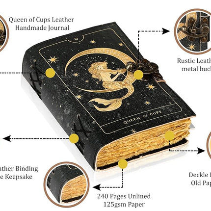 TUZECH Book of Spells Leather Bound Journal Deckle Edge Paper Grimoire Printed Diary Third Eye witchcraft supply and Witch Spell Notebook Antique Vintage Book for Men and Women (Queen of Cups)