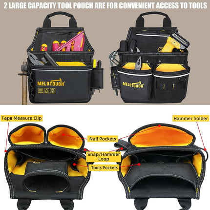 MELOTOUGH Carpenters Tool Belt with Suspenders Professional Tool Belt Combo Organizer With Tool Pouch Suspenders with 32 Pockets and Loops fits 33"-47"Waist for Electrican/Contractor/Technican(Yellow)