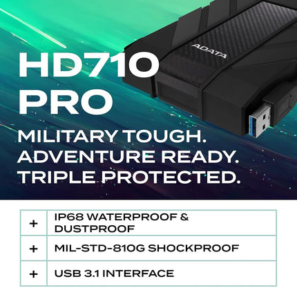 ADATA HD710 Pro 1TB USB 3.1 IP68 Waterproof/Shockproof/Dustproof Ruggedized External Hard Drive, Black (AHD710P-1TU31-CBK)