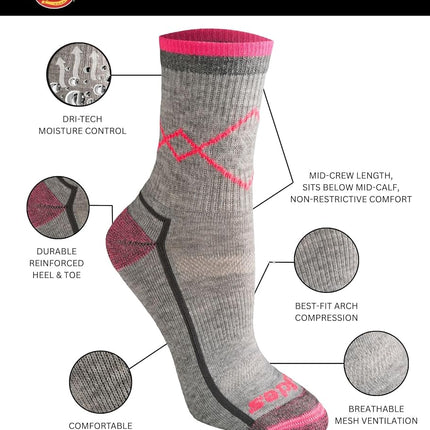 Dickies Women's Dri-tech Advanced Moisture Wicking Mid-crew Socks, Available in M-l (6, 12 Pairs), Grey Bright Assorted (6 Pairs), M