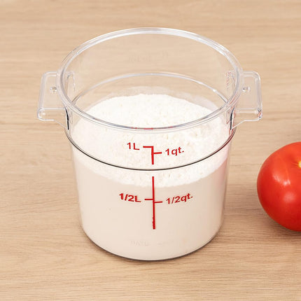 Restaurantware-Met Lux 1 Quart Food Storage Container, 1 Round Commercial Storage Container - Lid Sold Separately, with Volume Markers, Clear Plastic Food Prep Bucket, Space-Saving Storage