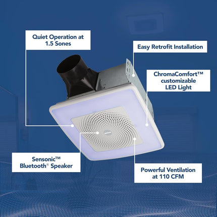 ZASTION Broan-NuTone SPK110RGBL ChromaComfort Bathroom Exhaust Fan with Sensonic Bluetooth Speaker and LED Light, White