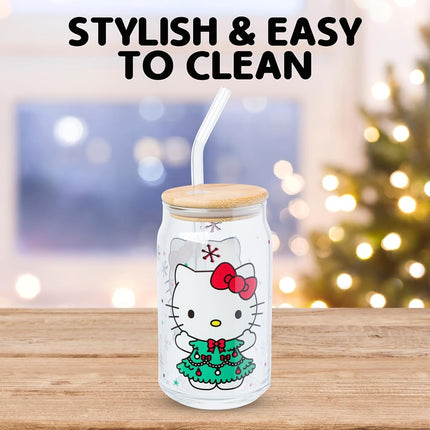 Silver Buffalo Hello Kitty Holiday Tree Dress 16oz Glass Tumbler w Bamboo Lid and Glass Straw