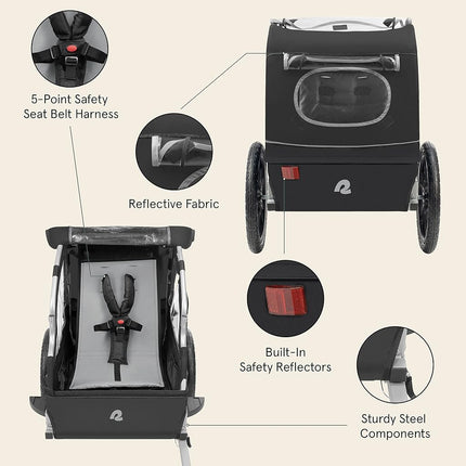 Retrospec Rover Remolque de Bicicleta para Niños - Remolque Plegable/Desmontable para Bicicleta con Ruedas de 16", Reflectores de Seguridad y Compartimento de Almacenamiento Trasero para Niños de Uno o Dos Pasajeros - Negro