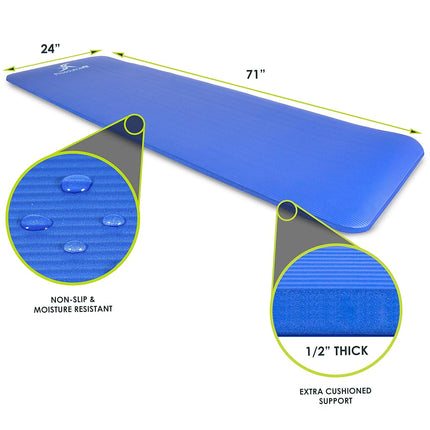 Prosource Premium 1/2-Inch Extra Thick 71-Inch Long High Density Exercise Yoga Mat with Comfort Foam and Carrying Straps, Blue