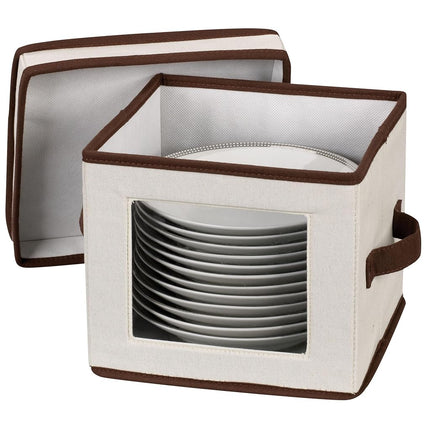 Household Essentials 532 Dinnerware Storage Box with Lid and Handles | Storage Bin for Dessert Plates or Bowls Natural Canvas with Brown Trim