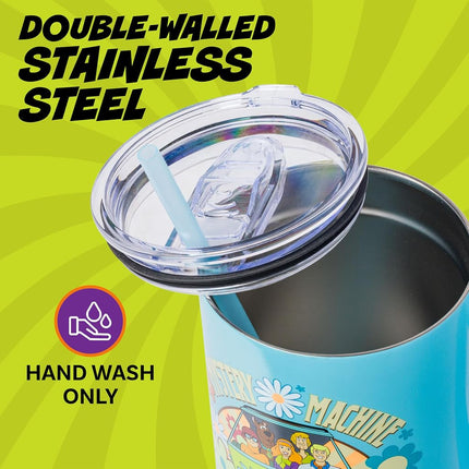 Silver Buffalo Scooby Doo Mystery Machine Featuring Shaggy, Velma, Fred and Daphne Stainless Steel Tumbler with Handle and Straw, Fits in Standard Cup Holder, 40 Ounces