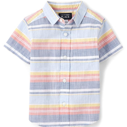 The Children's Place Boys' Short Sleeve Button Down Shirt, Beach Stripe, X-Large