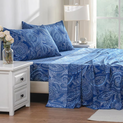 Bedlifes Full Size Sheets Paisley Sheets Ultra Soft Patterned Printed Sheet Set Deep Pocket Flat Sheet& Fitted Sheet& Pillowcases 100% Microfiber 4 Piece Full Size Paisley Dark Navy Blue
