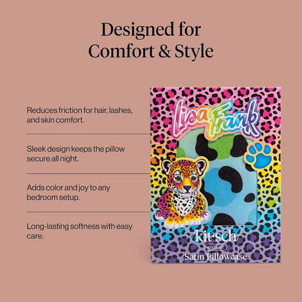 Kitsch x Lisa Frank Satin Pillowcase with Zipper for Hair & Skin, Softer Than Silk Pillow Cases, Wrinkle-Free, Smooth and Cooling Satin Pillow Covers King Size (19x36) - Rainbow Leopard