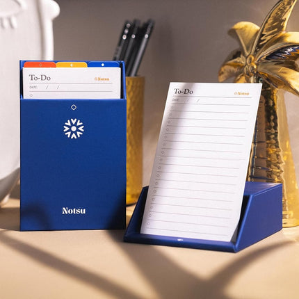 Notsu Centre Rise to Do List Card Planner Box Stand Set | 50 Foldable to-Do Vertical Notecards 3x5, Productivity Index Card Organizer Tab Dividers, Desk Card Holder Stand (Blue)