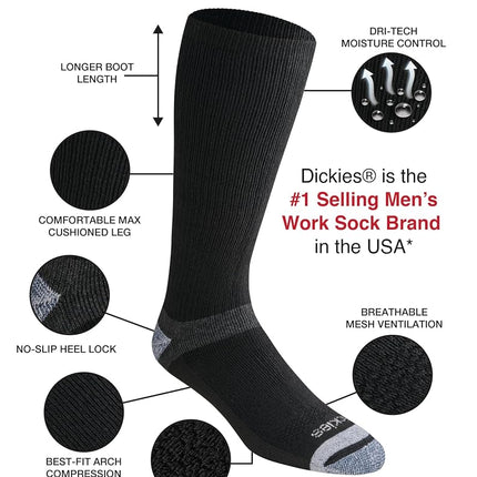Dickies Men's Dri-tech Moisture Control Max Full Cushion Crew Socks, Available in M-XL (6, 12 Pairs), Boot Length Black (6 Pairs), Large