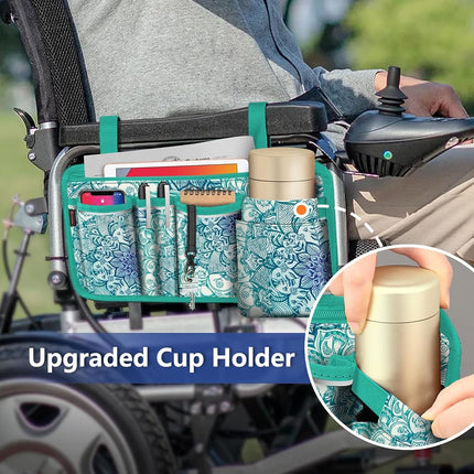 FINPAC Wheelchair Side Storage Bag w/Cup Holder, Wheelchair Armrest Accessories Pouch with Pen Slot and Reflective Strips for Power Walkers, Rollators, Seniors - Emerald Illusions