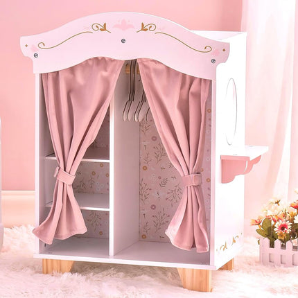 ROBUD Wooden Dolls Wardrobe for Girls with Mirror, 18-20 Inch Doll Clothes