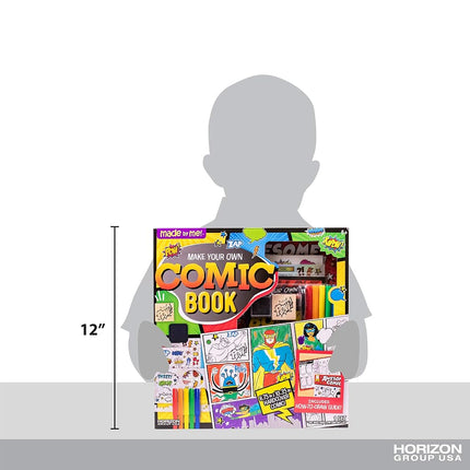 Made By Me Make Your Own Comic Book Storytelling Kit for Kids, 15-Page Hardcover Comic Book, How-to Draw Instructional Guide, Comic Inspired Stickers & Stamp, Holographic Stickers, 5 Vibrant Markers