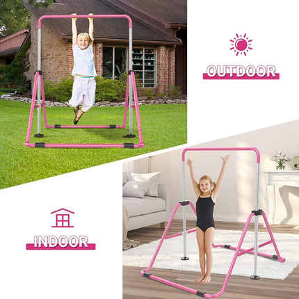 Nimsqury Foldable Gymnastics Bar, 5-Height Adjustable Gymnastic Bars for Kids at Home,Robust & Stable for Indoor/Outdoor Using,Weight Limit 140LBS (Pink)