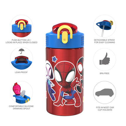 Zak Designs Marvel Spider-Man Botella de agua de acero inoxidable 18/8 de una sola pared para niños, tapa con boquilla abatible con cierre, vaso duradero para deportes o viajes (458 ml, sin BPA, Spidey y sus sorprendentes amigos)