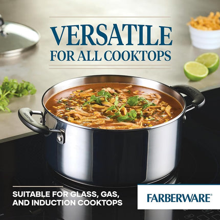 Farberware Brilliance Stainless Steel Dutch Oven/Casserole Pan with Glass Lid, 5 Quart, Dishwasher Safe and Induction Ready, Compatible with All Cooktops, Stainless Steel