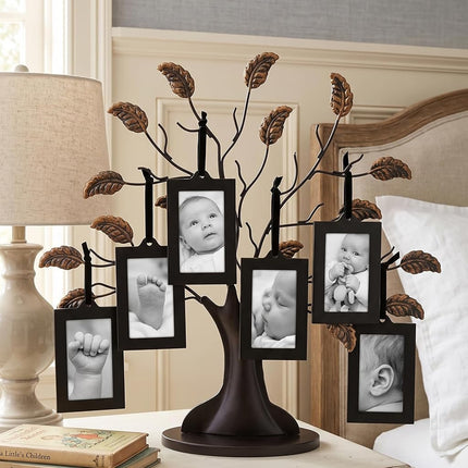 Americanflat Bronze Family Tree with 6 Hanging Picture Frames 2" x 3" in Black and Adjustable Ribbon Tassels - 12"