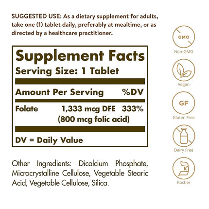 Solgar Folate 800 mcg (as Metafolin) Tablets 100 Count