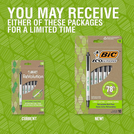 Stylos à bille rétractables BIC® Revolution Clic Stic, pointe moyenne, 1,0 mm, 62 % de matériaux recyclés, corps semi-transparent, encre noire, paquet de 10 stylos