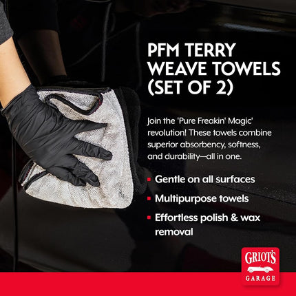 Griot's Garage PFM Terry Weave Microfiber Towel for Car Cleaning, Drying and Polishing, Vehicle Detailing, Scratch-Free, 16” x 16”, Set of 2, 55586