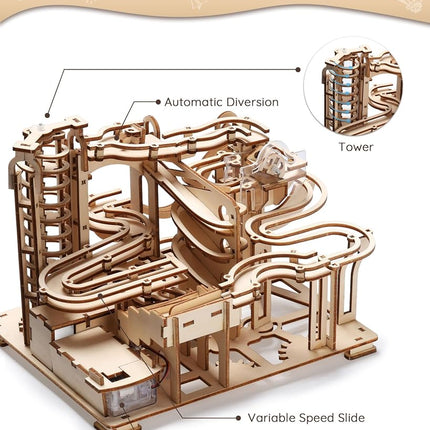 SainSmart Jr. 3D Wooden Puzzles for Adults, 225 PCS Marble Run Wood to Build, Electric Driven Mechanical Model Building Kit, DIY Gift for Aged 14+, Roller Coaster