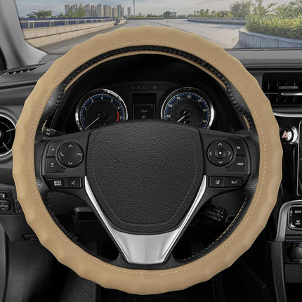 Funda de volante de cuero genuino beige BDK para automóvil, mediana (14.5" - 15.5") – Agarre ergonómico cómodo para hombres y mujeres, funda de volante de automóvil de ajuste universal para la mayoría de los vehículos