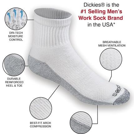 Dickies Men's Dri-tech Moisture Control Quarter Socks, Available in M-XXL (6, 18, White (12 Pairs), X-Large (Pack of 12)